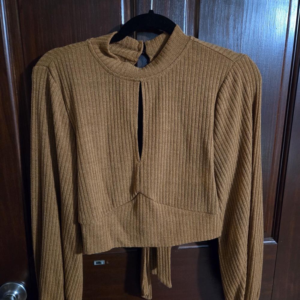 SHEIN Tan Ribbed Long Sleeve Crop Blouse